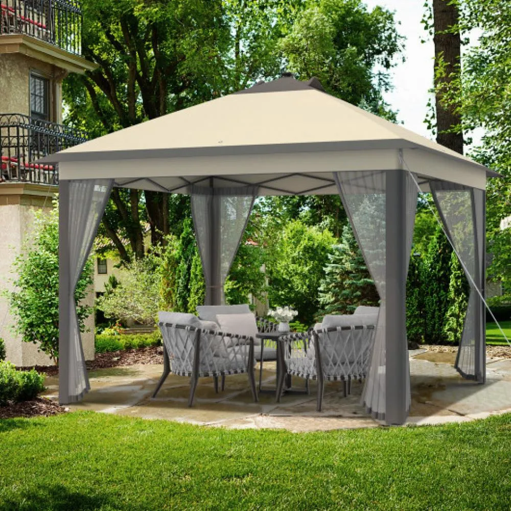 11 x 11 Feet Portable Outdoor Patio Folding Gazebo with Led Lights -Beige