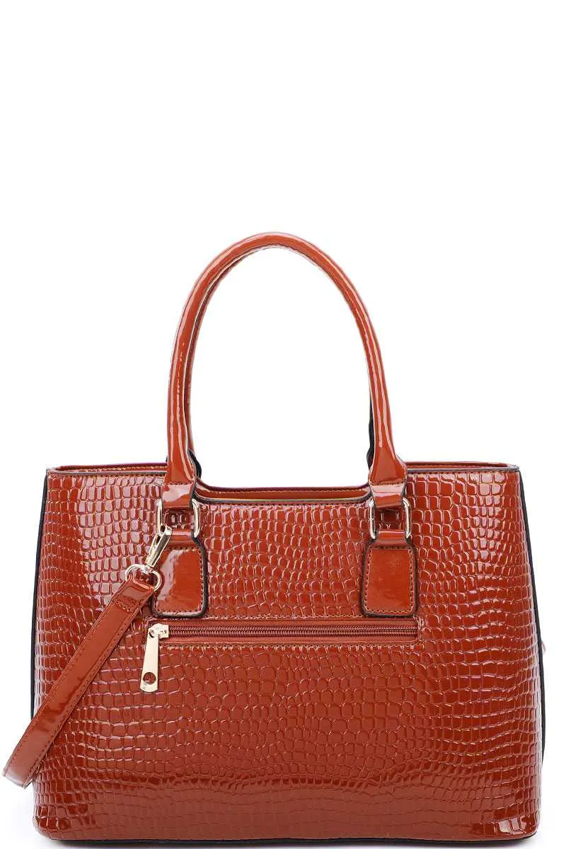 3in1 Glossy Croco Textured Satchel Clutch And Wallet Set