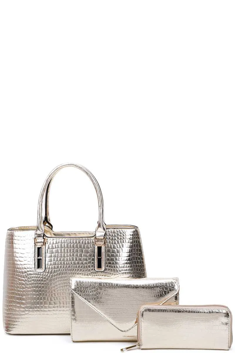 3in1 Glossy Croco Textured Satchel Clutch And Wallet Set