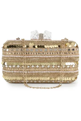 Adorn Beige & Gold Faux Silk Striped & Embellished Clutch