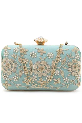 Adorn Pastel Green & Gold Faux Silk Floral Embroidered Clutch