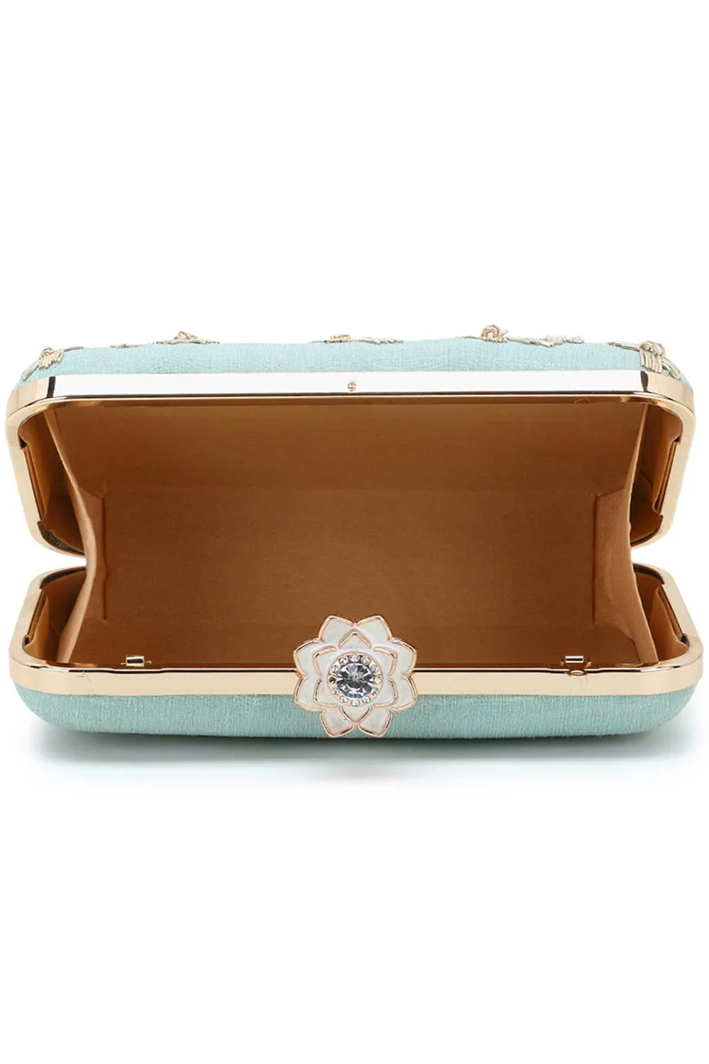 Adorn Pastel Green & Gold Faux Silk Floral Embroidered Clutch