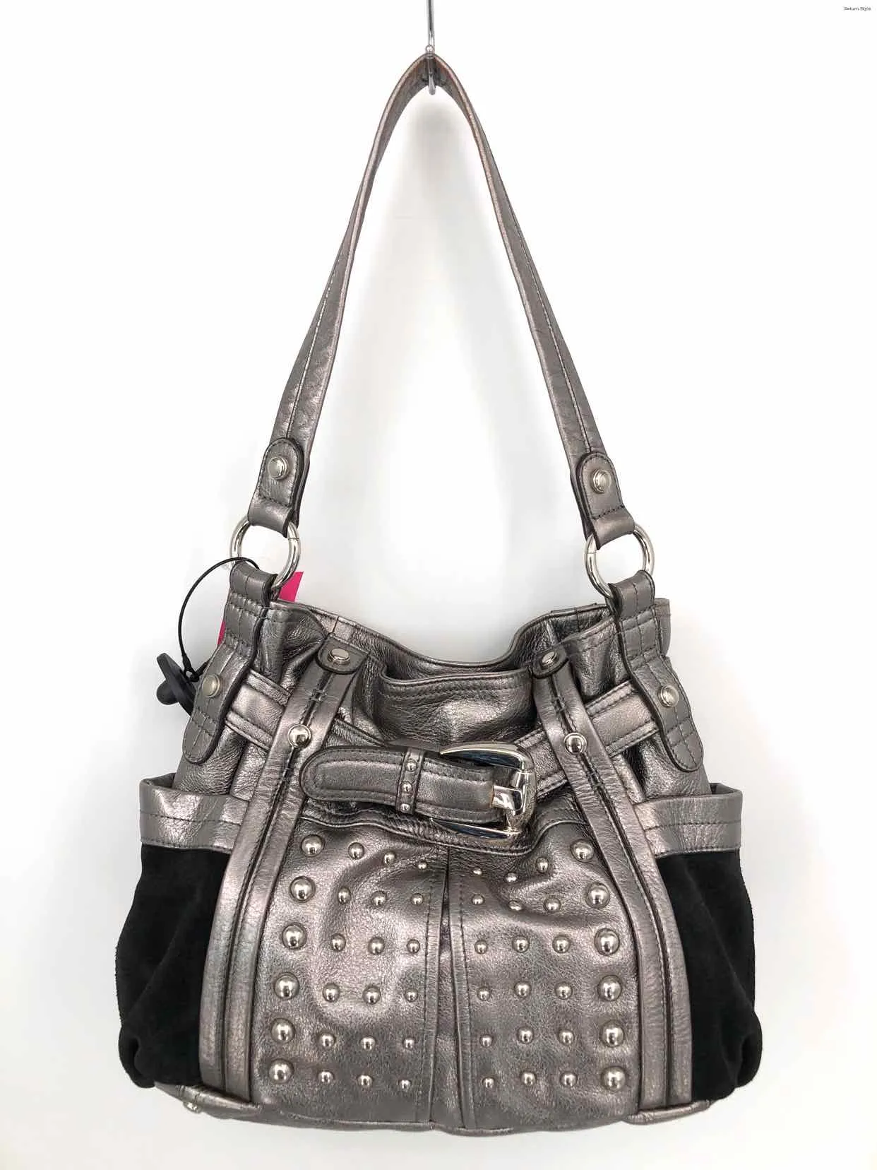 B MAKOWSKY Silver Black Leather Studded Shoulder Bag Purse