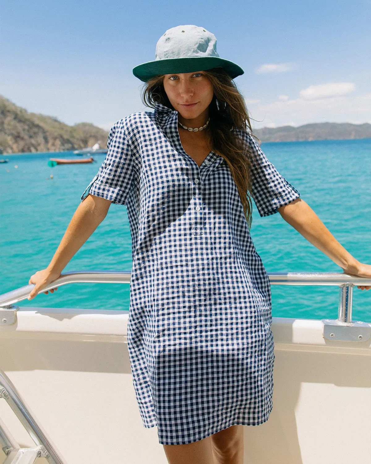 Beach Coverup in Navy Gingham Linen