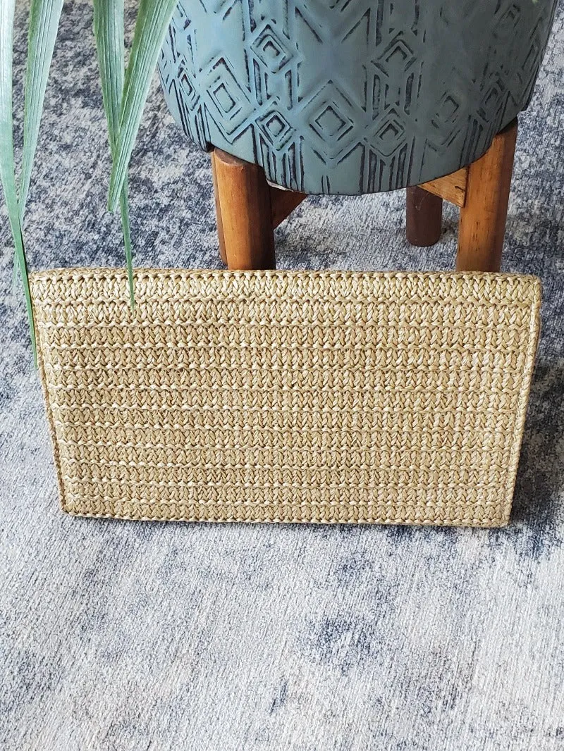 Beige Woven Metal Clasp Flap Handbag