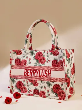 Berrylush Women Beige & Red Floral Printed Polyester Zipper-Up Embroidered Tote Bag