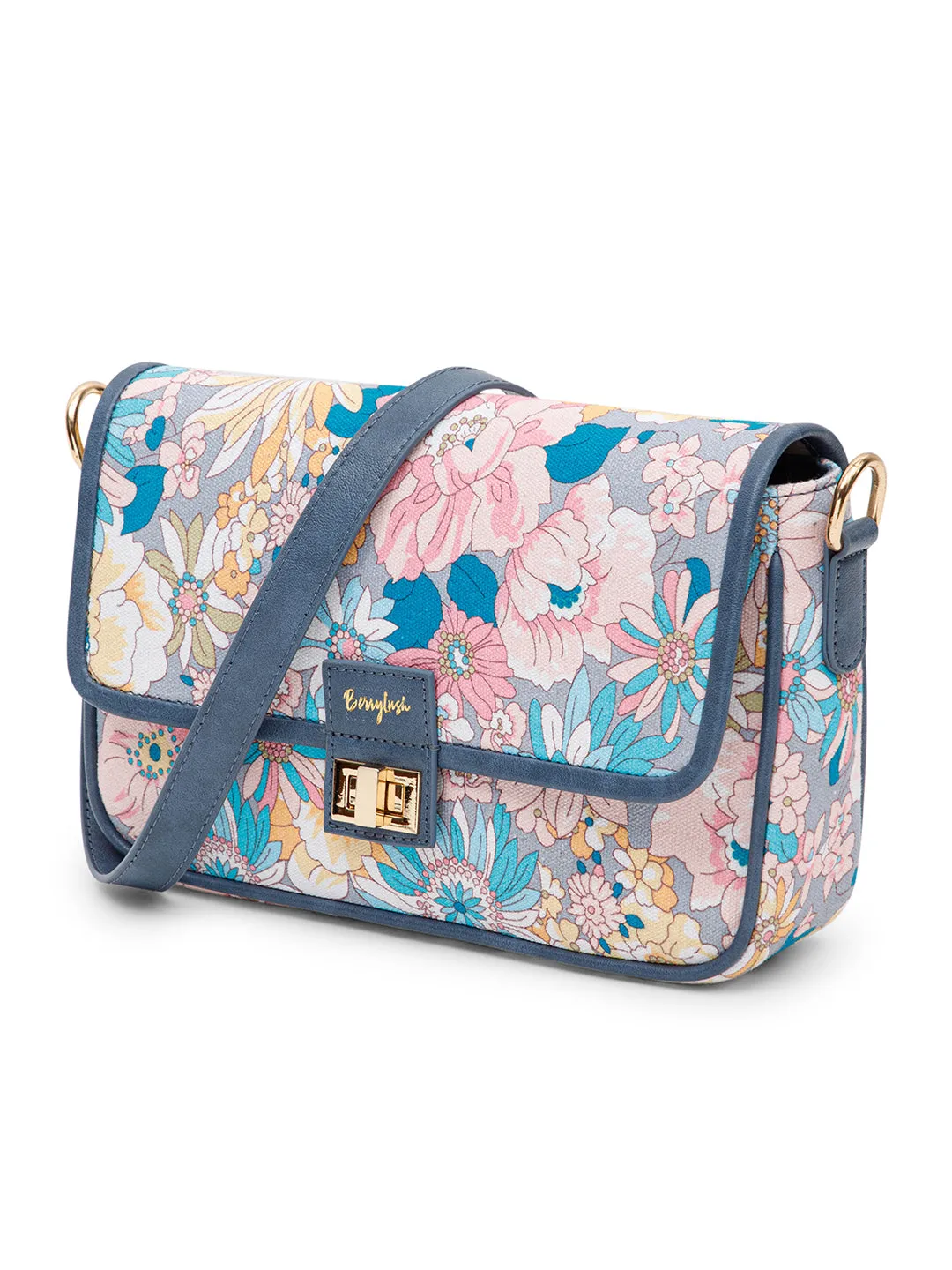 Berrylush Women Blue & Pink Floral Printed Cotton Detachable Sling Strap Structured Shoulder Bag