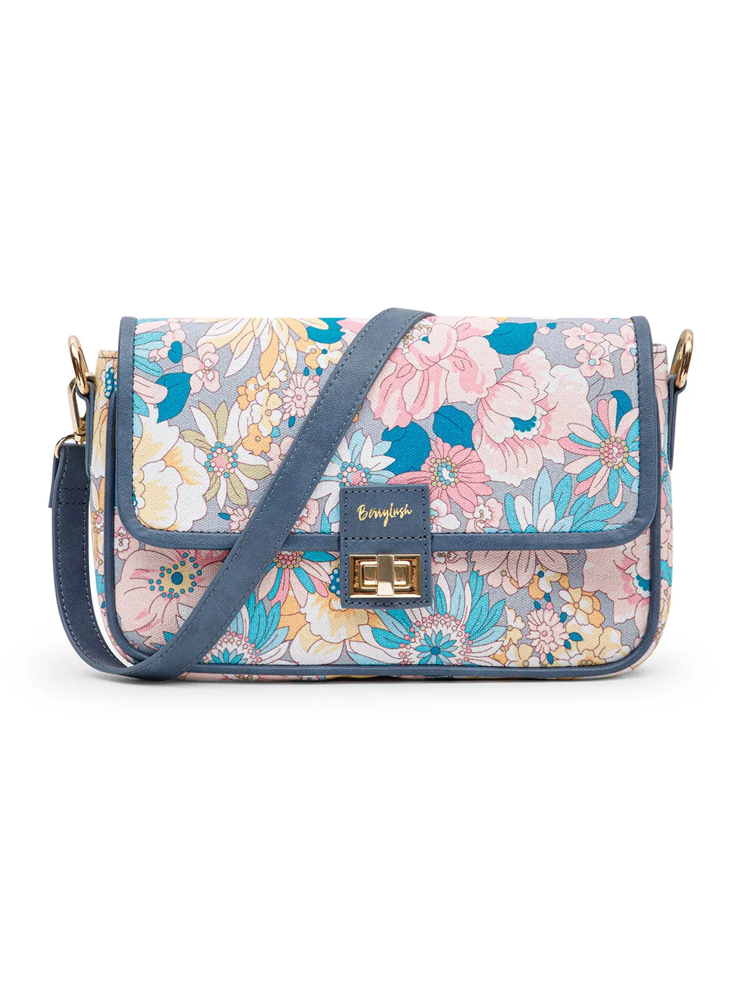 Berrylush Women Blue & Pink Floral Printed Cotton Detachable Sling Strap Structured Shoulder Bag