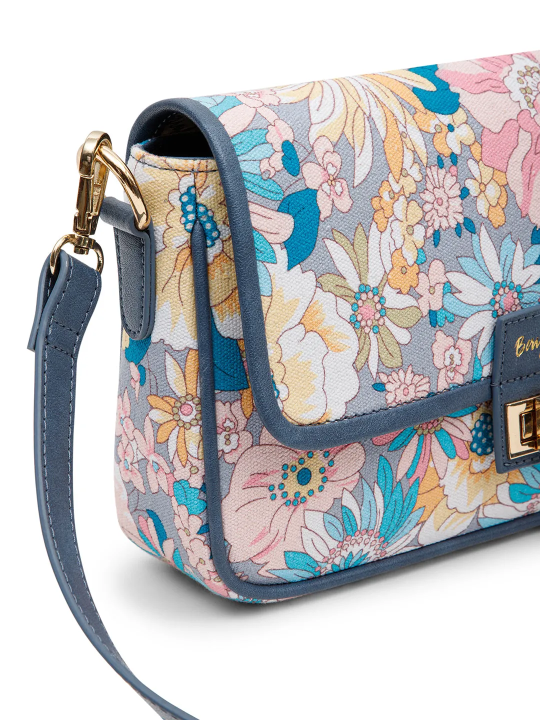 Berrylush Women Blue & Pink Floral Printed Cotton Detachable Sling Strap Structured Shoulder Bag