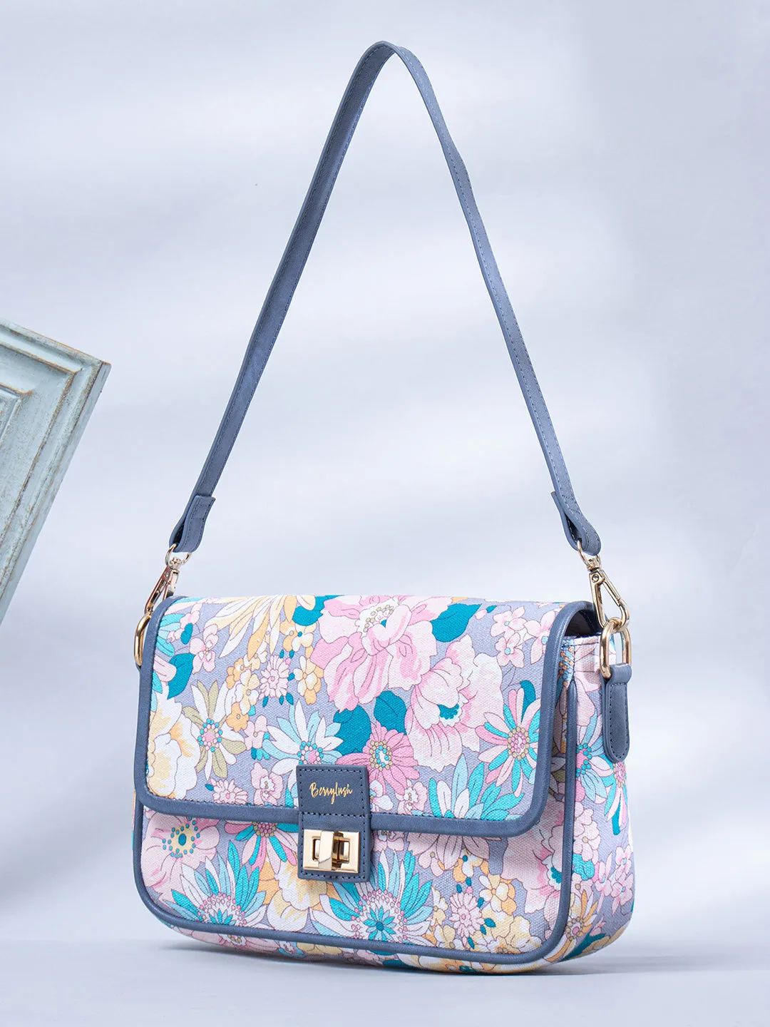 Berrylush Women Blue & Pink Floral Printed Cotton Detachable Sling Strap Structured Shoulder Bag