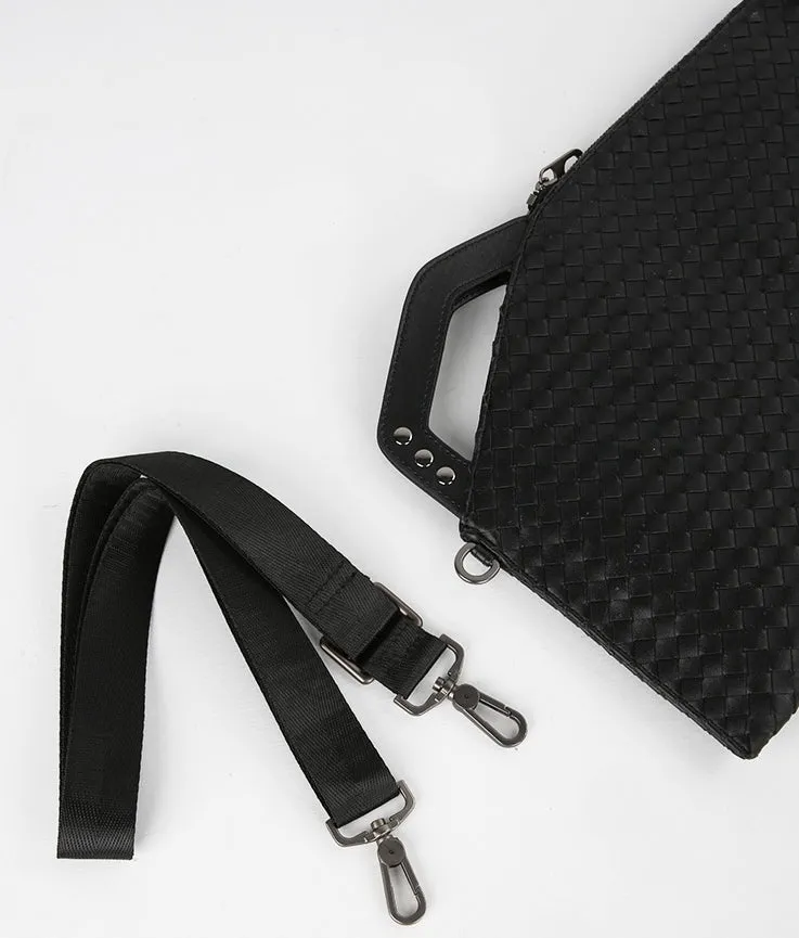 Black Braided Faux Leather Clutches Handbags for mens Business Shoulder Strap Purses Crossbody