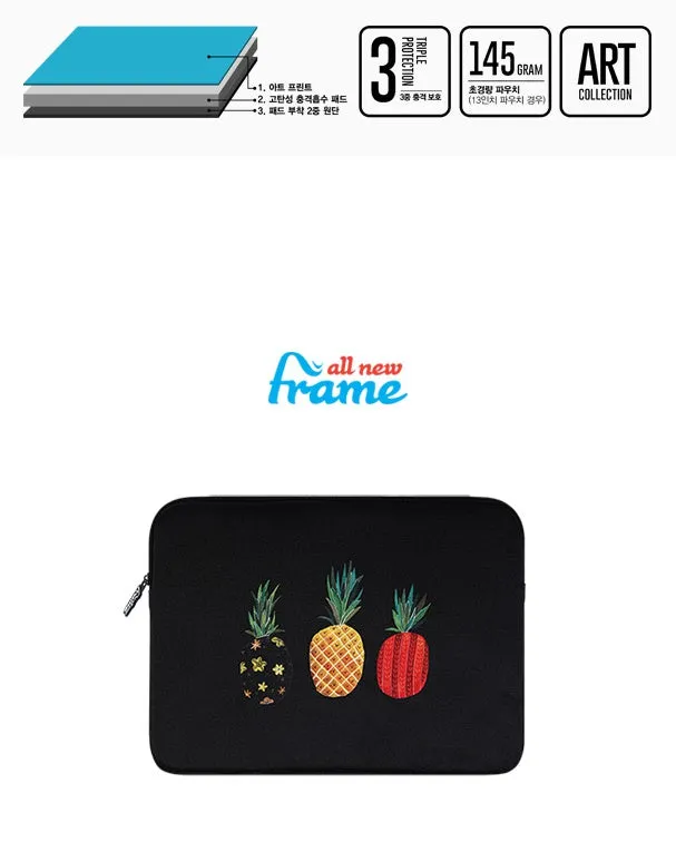 Black Pineapple Graphic iPad 11" 13" 15" 17" inch Laptop Sleeves Cases Protective Covers Purses Handbags Square Cushion Pouches Designer School Collage Office Lightweight