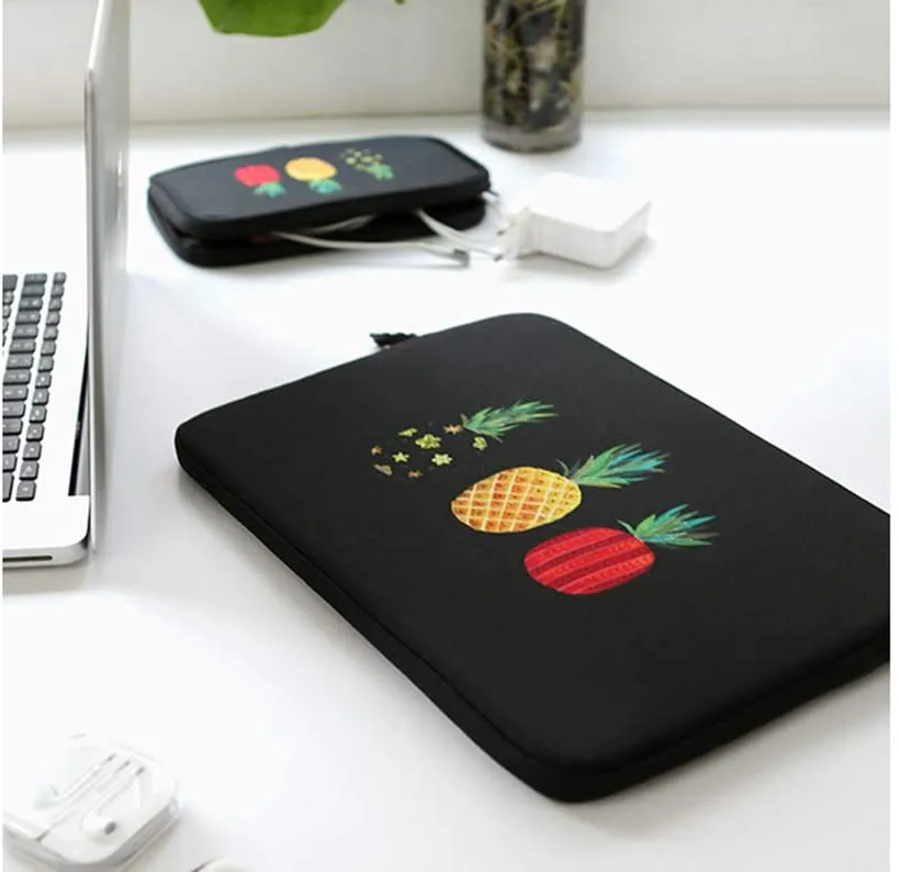 Black Pineapple Graphic iPad 11" 13" 15" 17" inch Laptop Sleeves Cases Protective Covers Purses Handbags Square Cushion Pouches Designer School Collage Office Lightweight