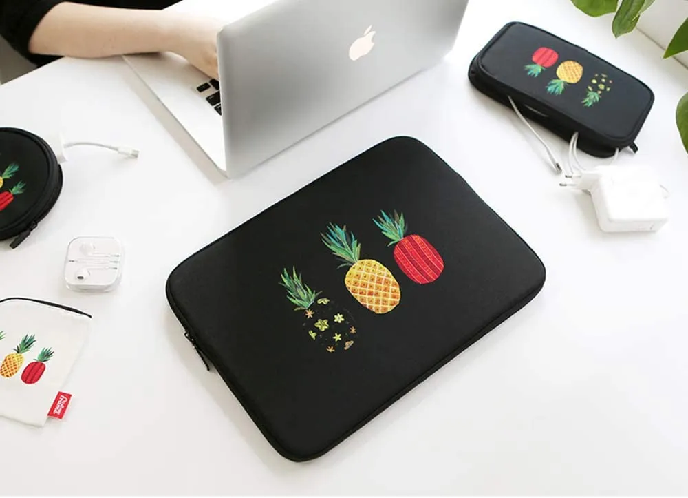 Black Pineapple Graphic iPad 11" 13" 15" 17" inch Laptop Sleeves Cases Protective Covers Purses Handbags Square Cushion Pouches Designer School Collage Office Lightweight