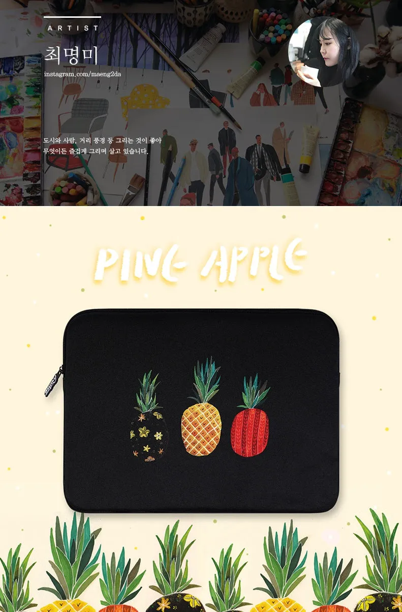 Black Pineapple Graphic iPad 11" 13" 15" 17" inch Laptop Sleeves Cases Protective Covers Purses Handbags Square Cushion Pouches Designer School Collage Office Lightweight