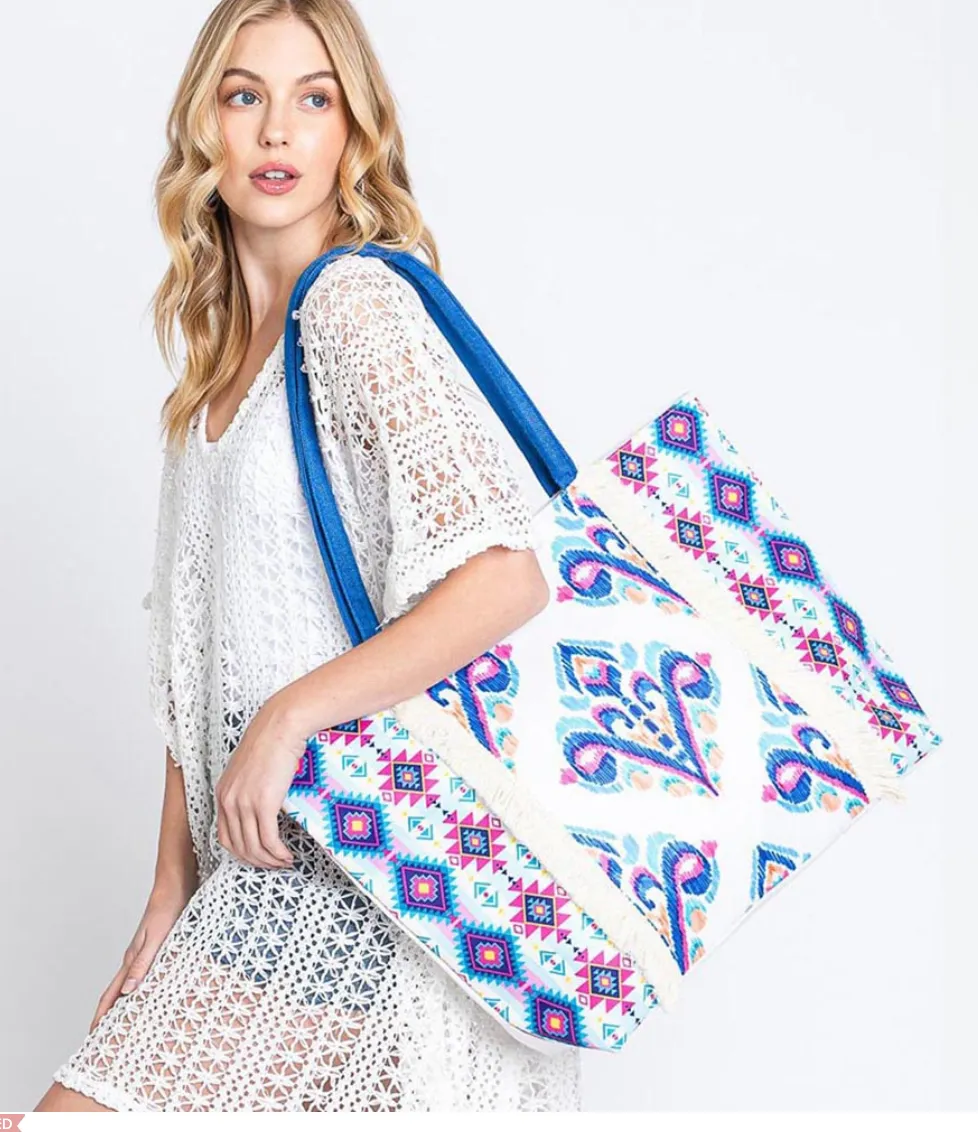 Boho Print Fringe Tote Bag