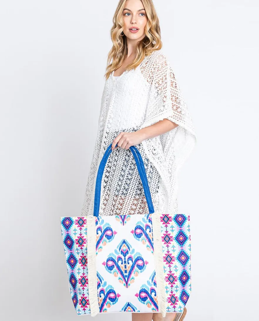 Boho Print Fringe Tote Bag