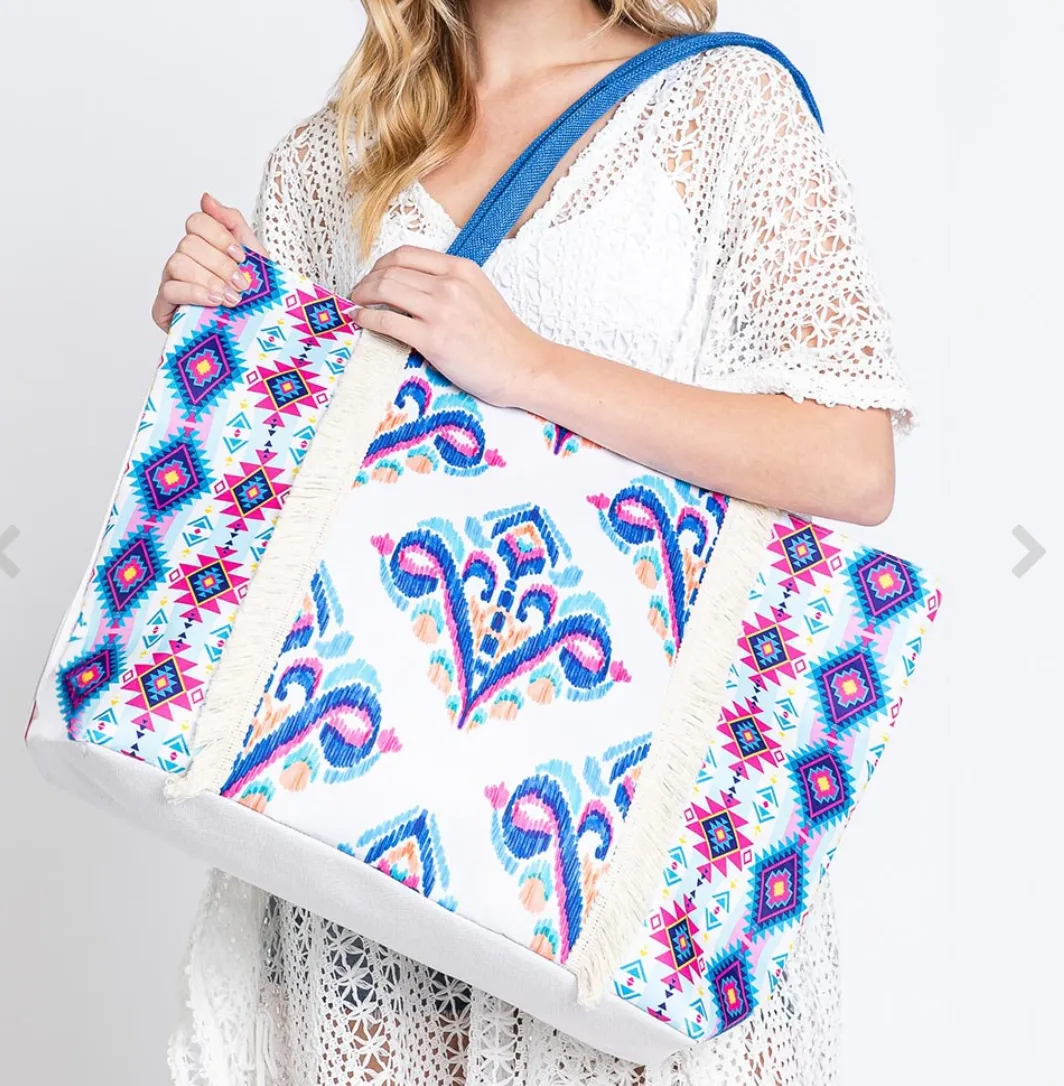 Boho Print Fringe Tote Bag