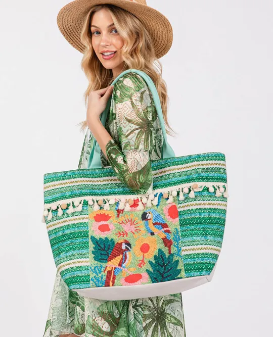 Boho Tropical Flower Parrot Print Fringe Pom Pom Tote Bag