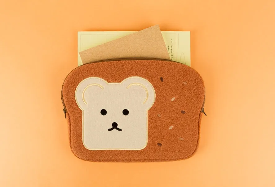 Brown Cute Bear Embroidery Bread Laptop Sleeves iPad Fitted Cases Shearling Covers Protective Tablet Pouches Purses Handbags Square Cushion School Collage Office Lightweight