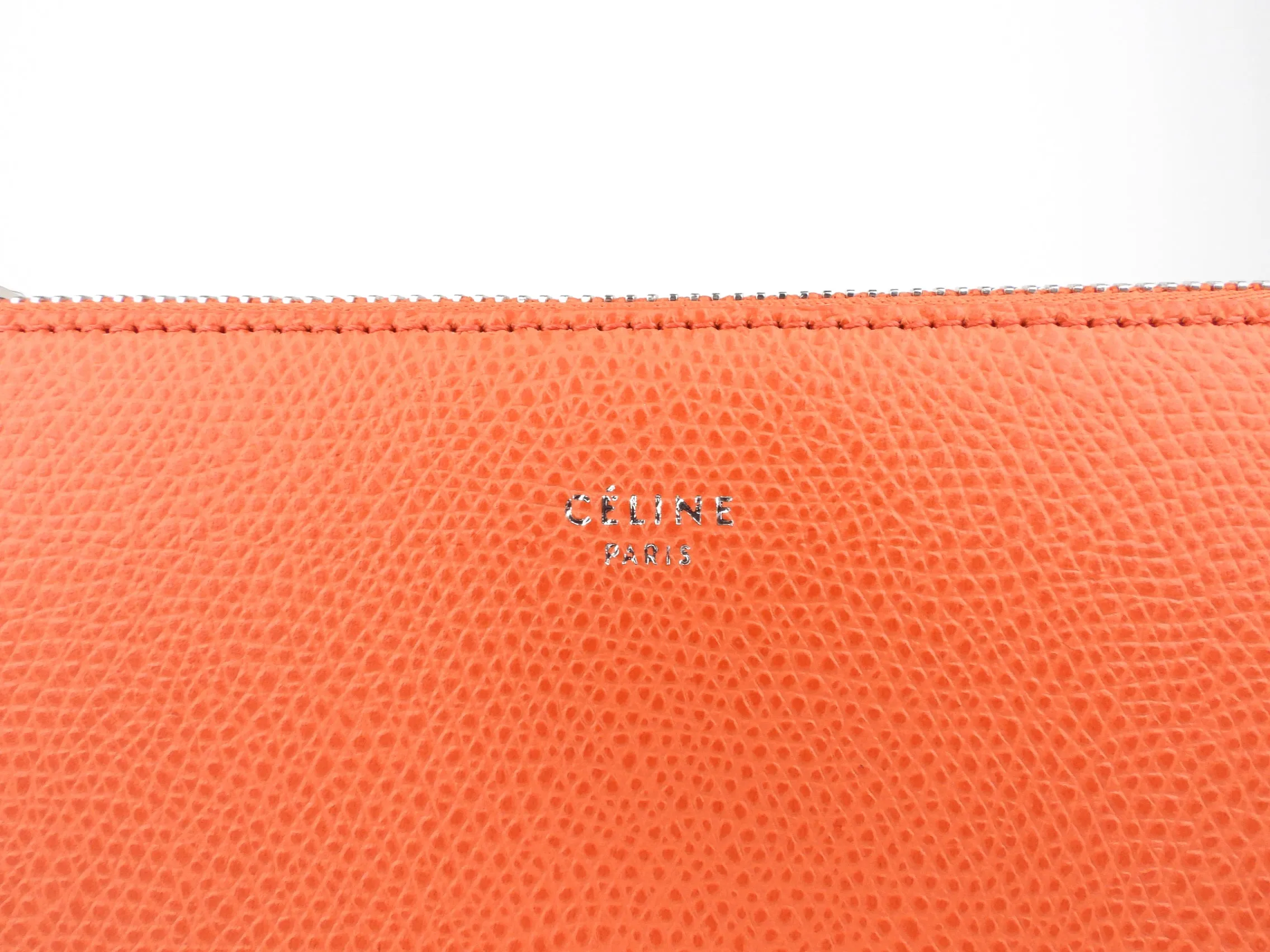 Celine Orange Pebble Grained Leather Trio Cosmetic Pouch