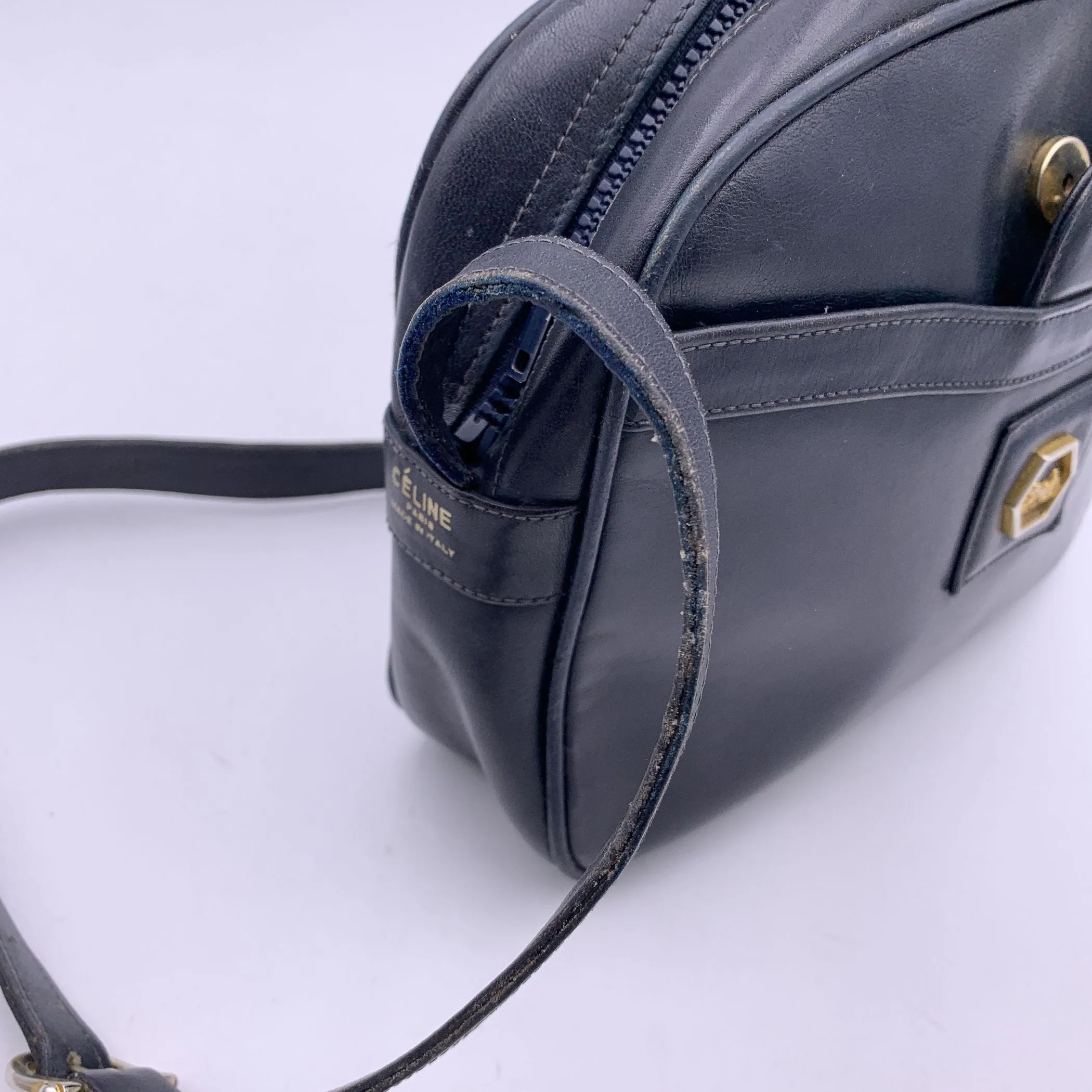 Celine Vintage Blue Leather Front Pocket Shoulder Bag