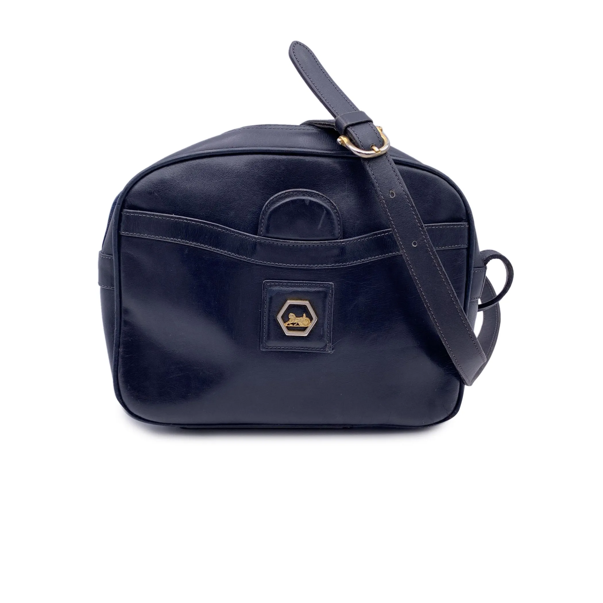 Celine Vintage Blue Leather Front Pocket Shoulder Bag