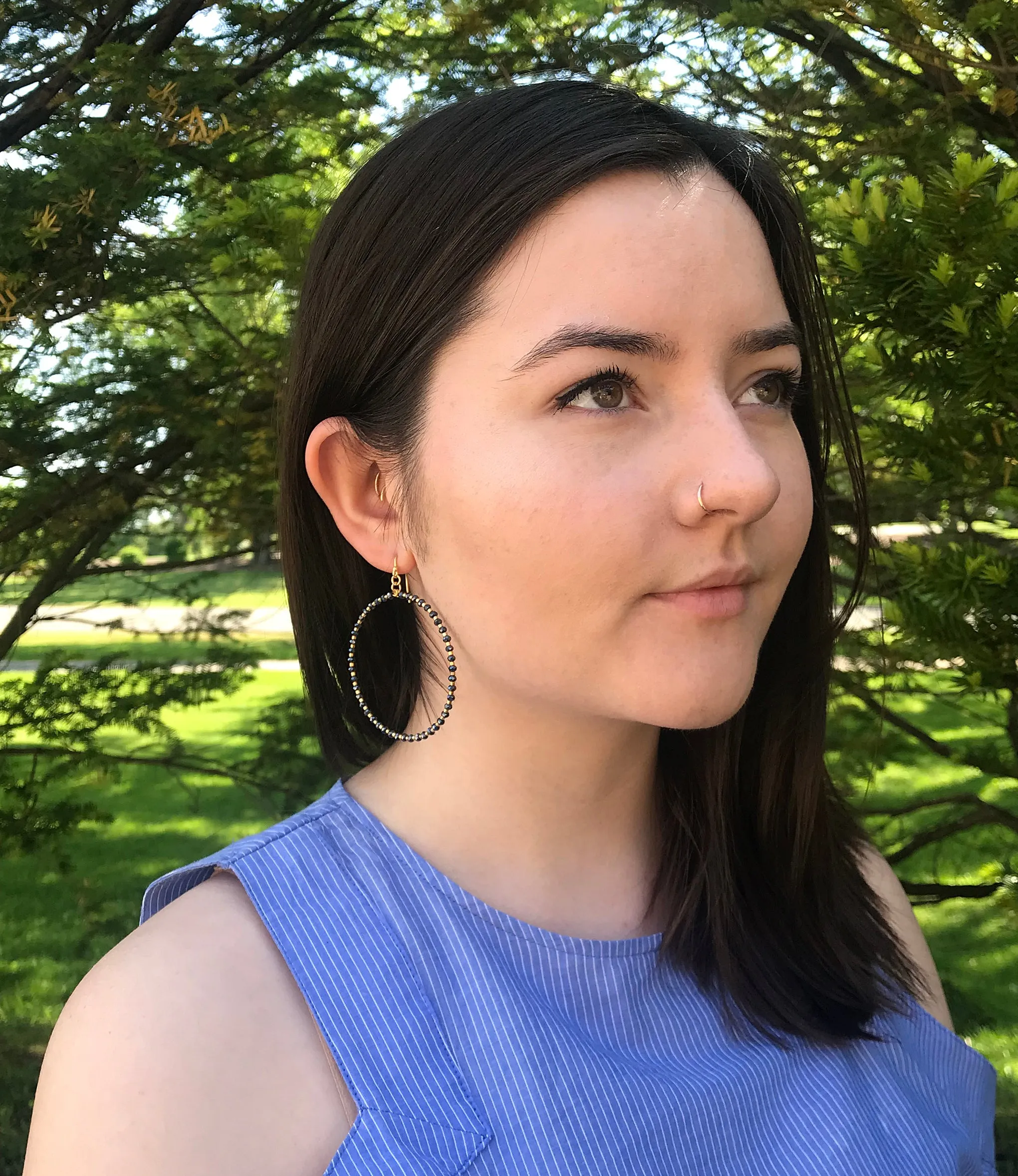 Chan Luu 2 Inch Gold Hoop Earrings in Midnight Crystal and Gold Seed Beads