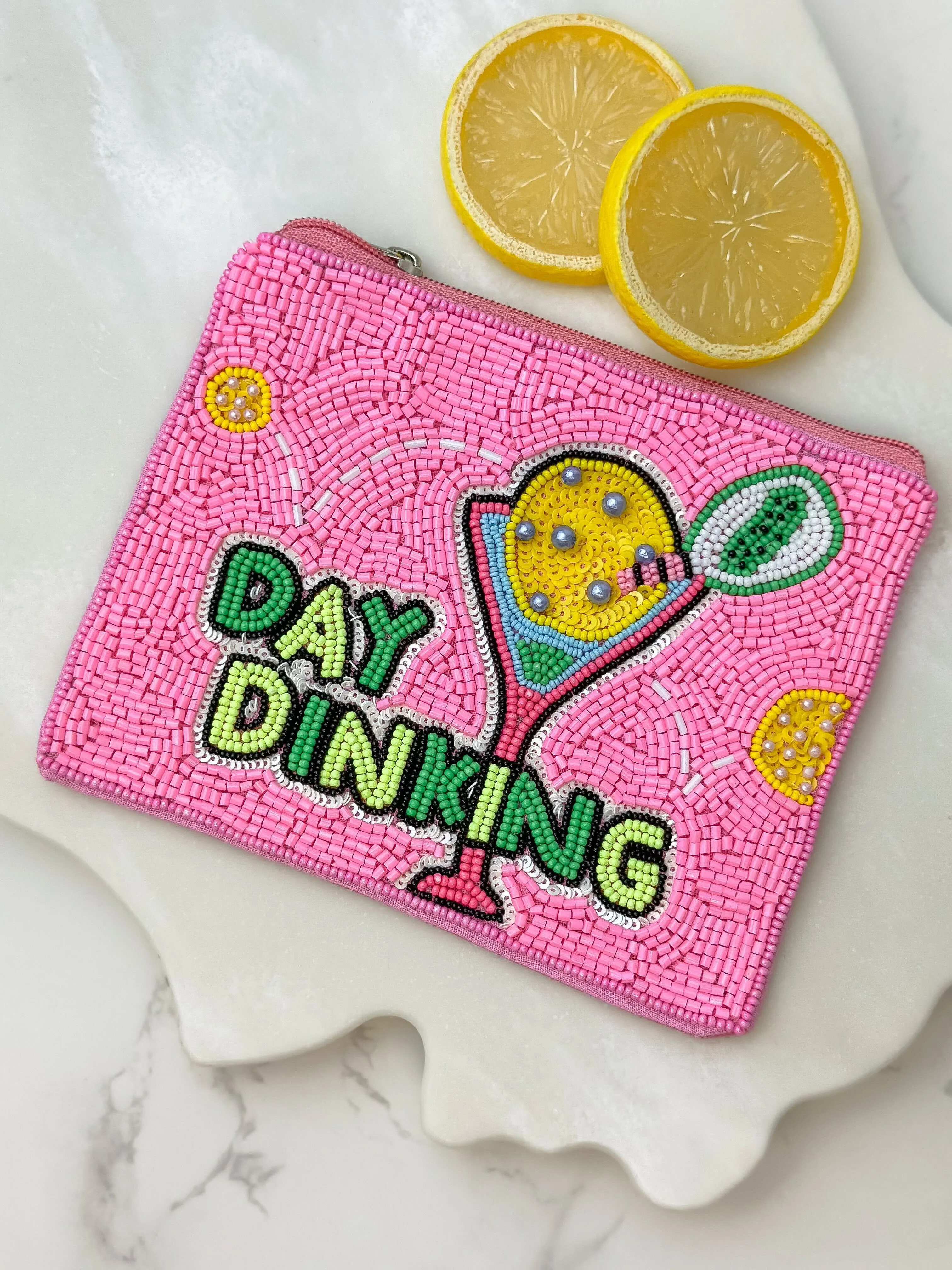 'Day Drinking' Beaded Zip Pouch