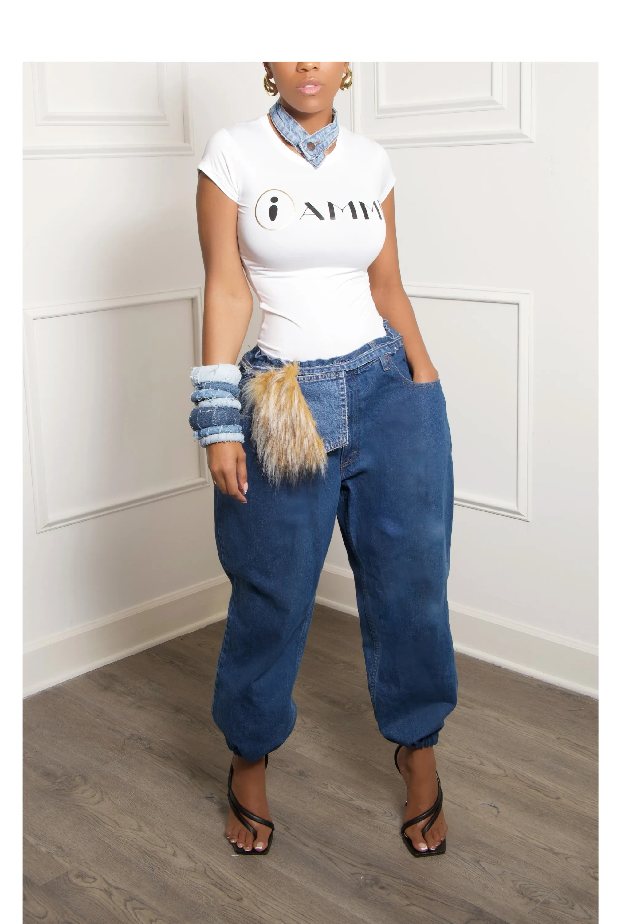 Denim Fox Fur Fanny Pack belt - FINAL SALE