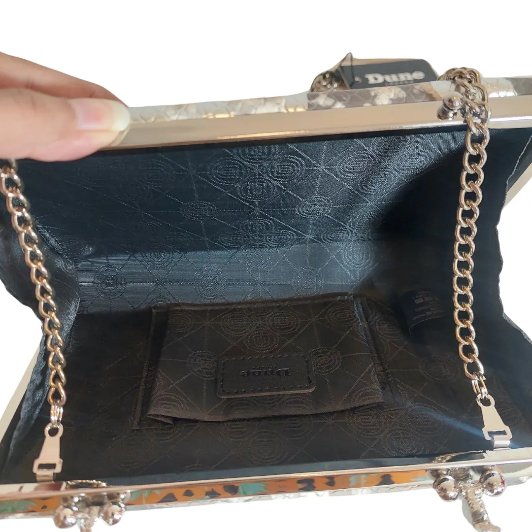 DUNE BINXIE Silver Synthetic Reptile Jewelled Clasp Frame Bag | Brand New |