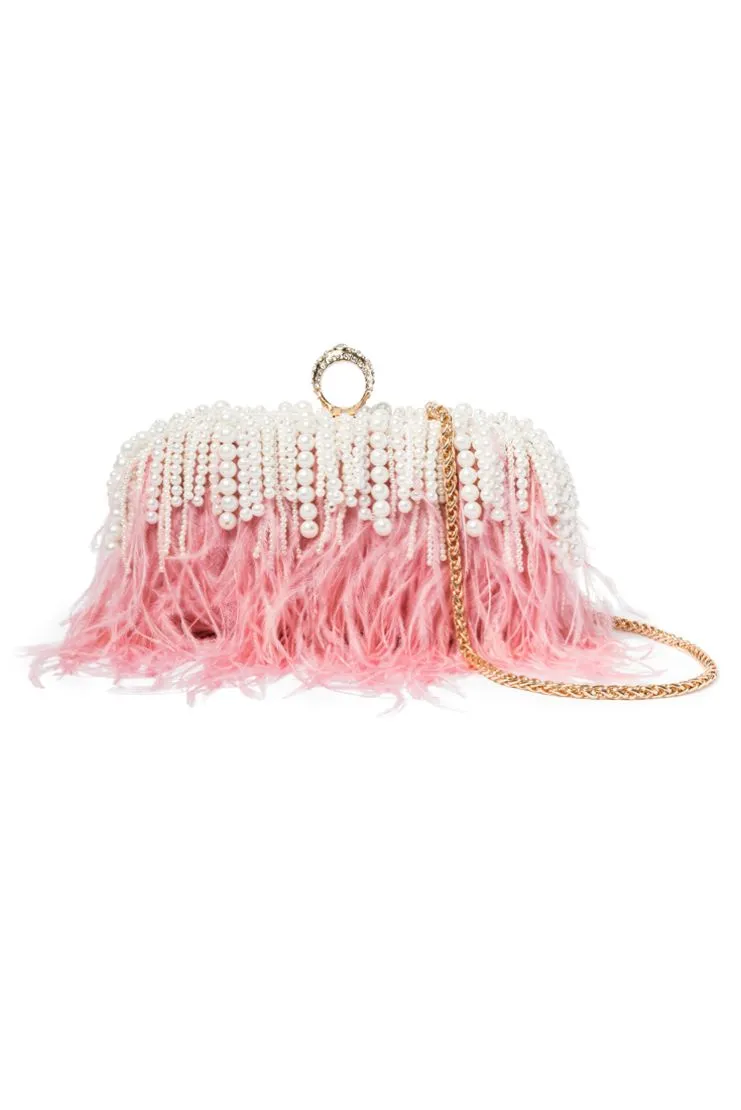 Feather & Waterfall Pearl Clutch - Mauve Pink