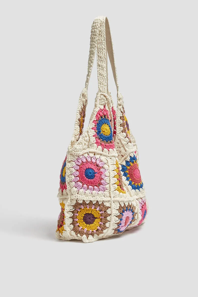 Granny Square Tote Bag Large Handmade Crochet Bohemian Hand Crocheted Purse Eco Friendly Shopping Bag Boho Travel Carry On