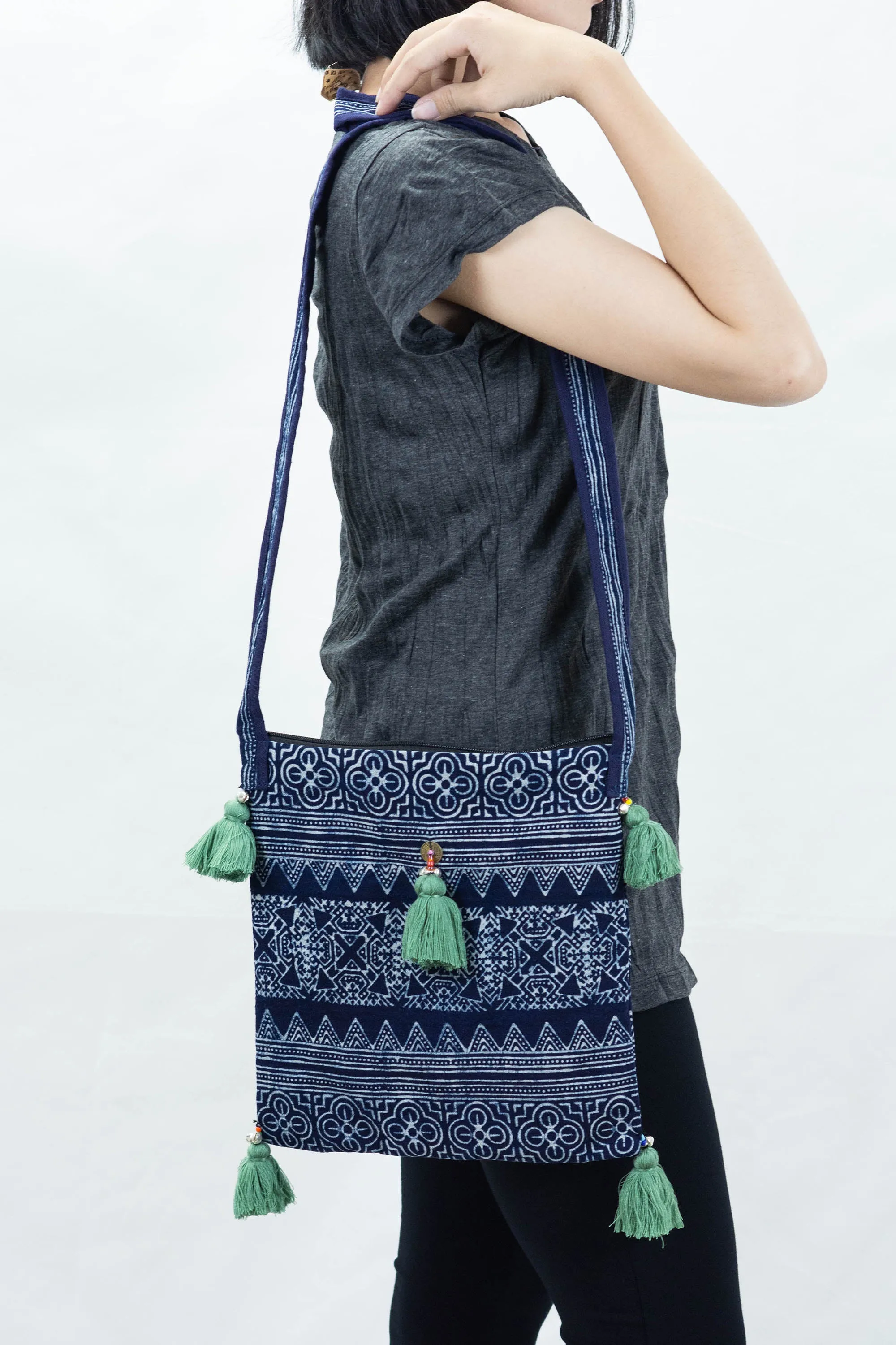 Hmong Indigo Batik Crossbody Sling Bag with Green Tassels