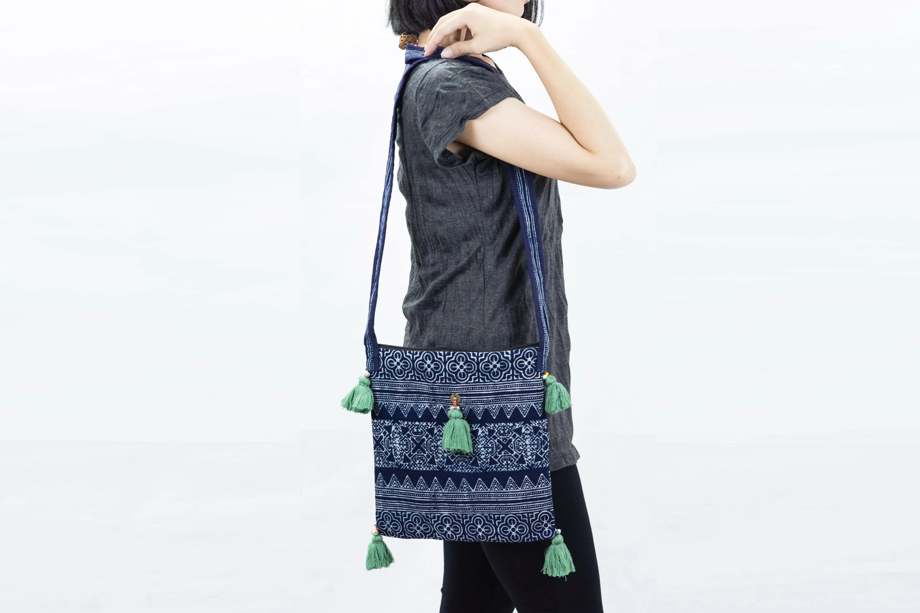 Hmong Indigo Batik Crossbody Sling Bag with Green Tassels