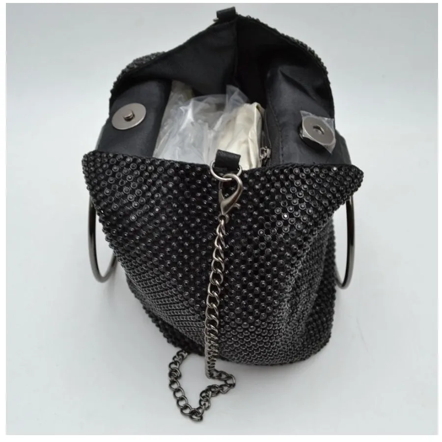 Metal mesh rhinestone chain crossbody bag - black