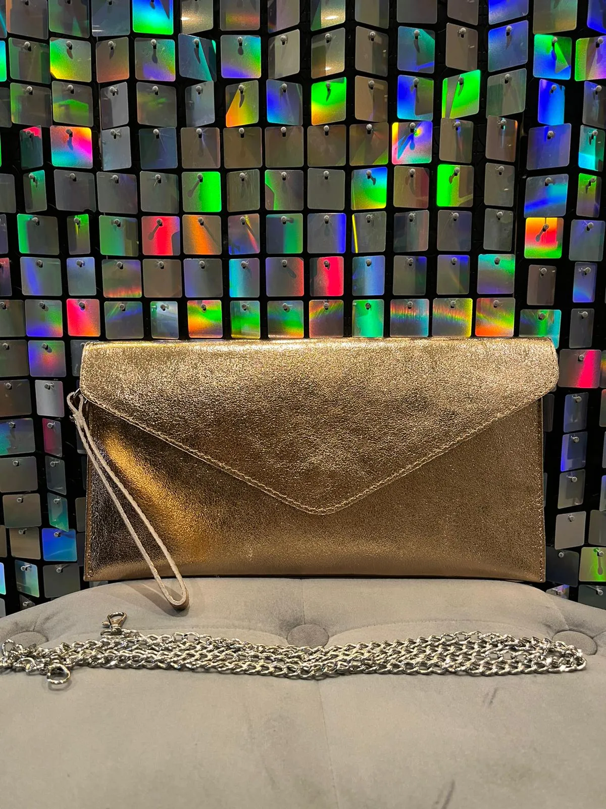 Metallic leather Clutch bag with cross body strap