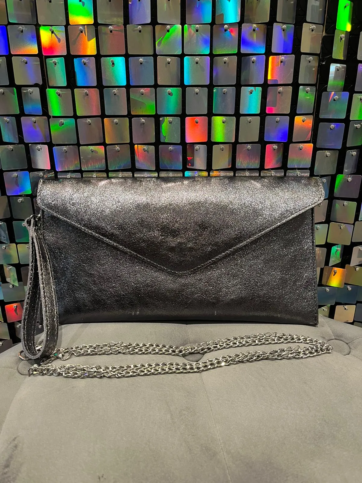 Metallic leather Clutch bag with cross body strap