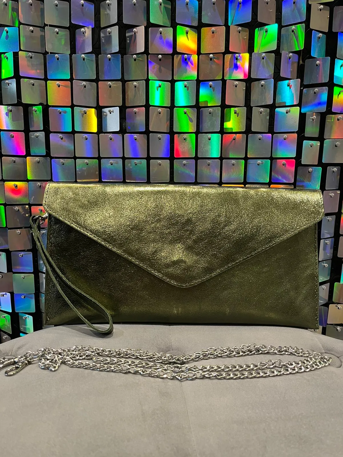 Metallic leather Clutch bag with cross body strap