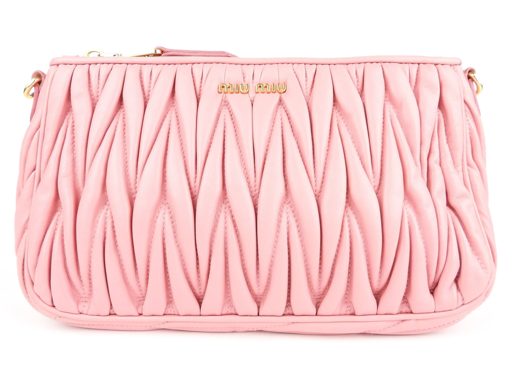 Miu Miu Pink Matelasse Leather Zip Pouch with Strap