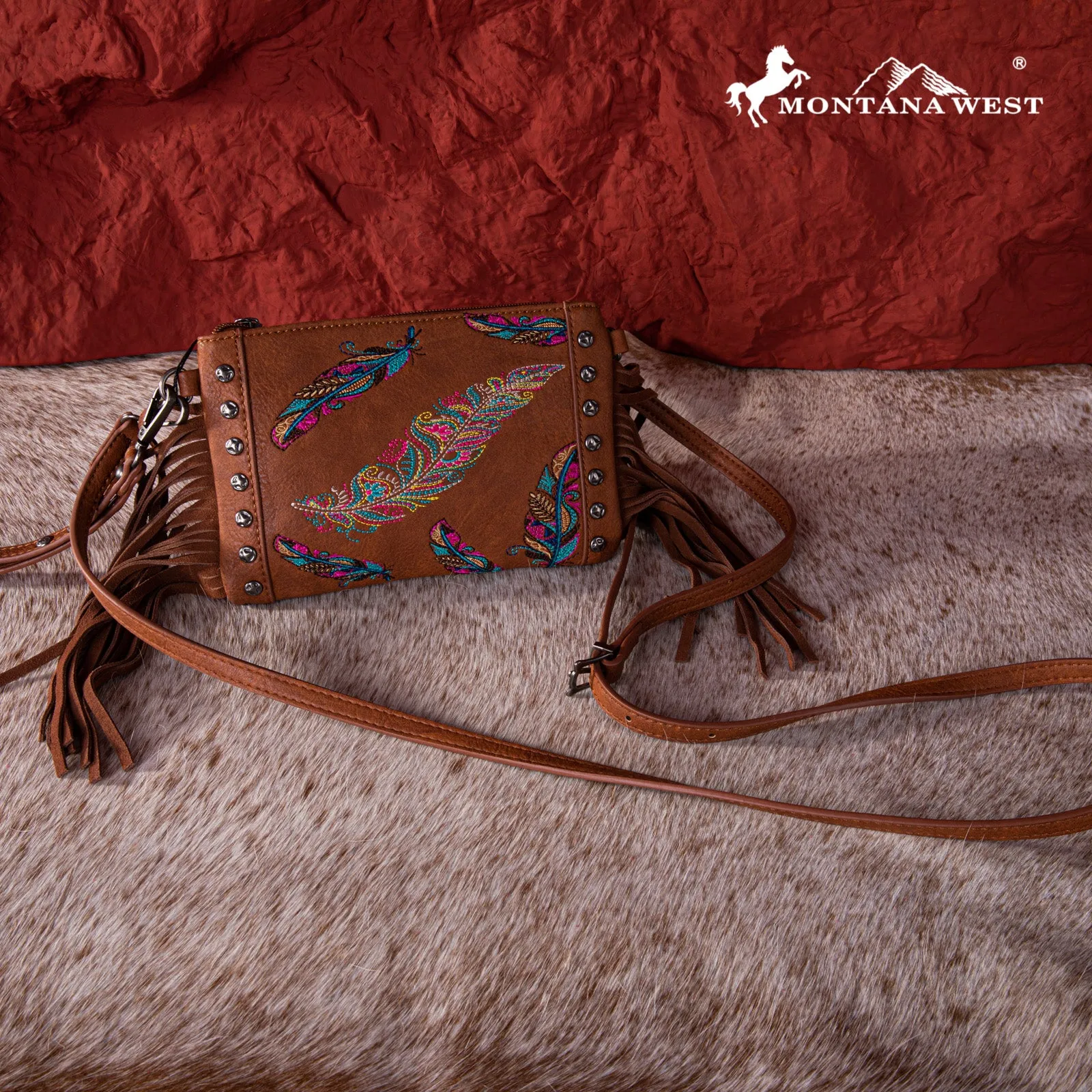 MW1242-181 Montana West Embroidered Feather Collection Clutch/Crossbody