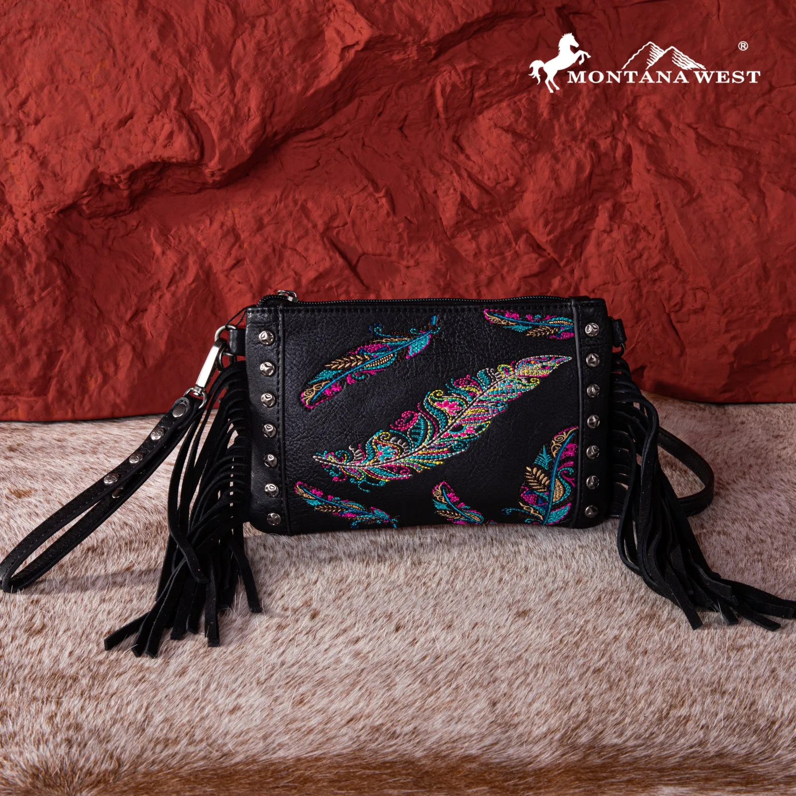 MW1242-181 Montana West Embroidered Feather Collection Clutch/Crossbody