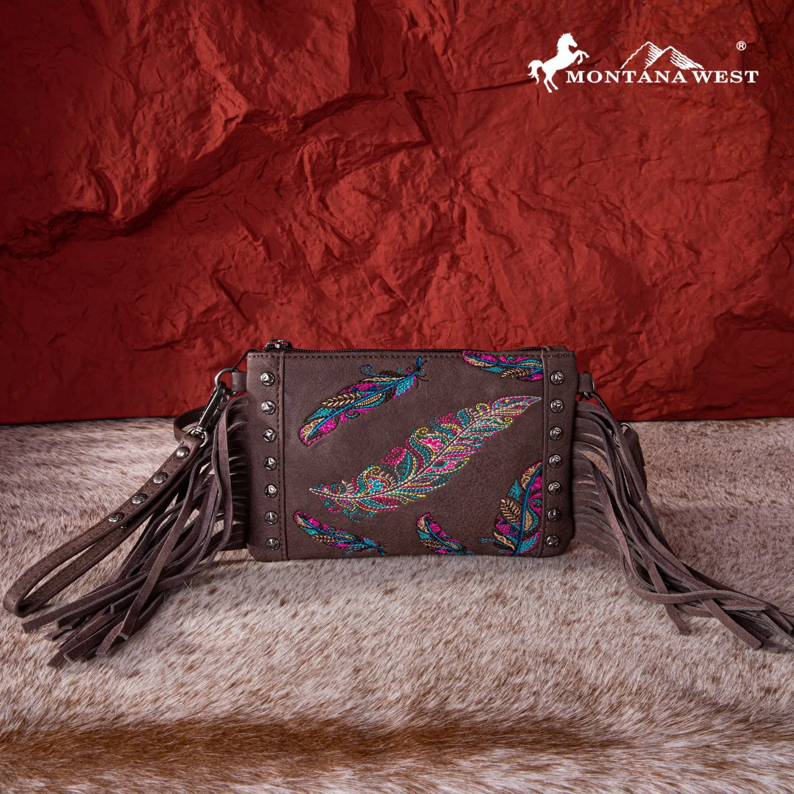 MW1242-181 Montana West Embroidered Feather Collection Clutch/Crossbody