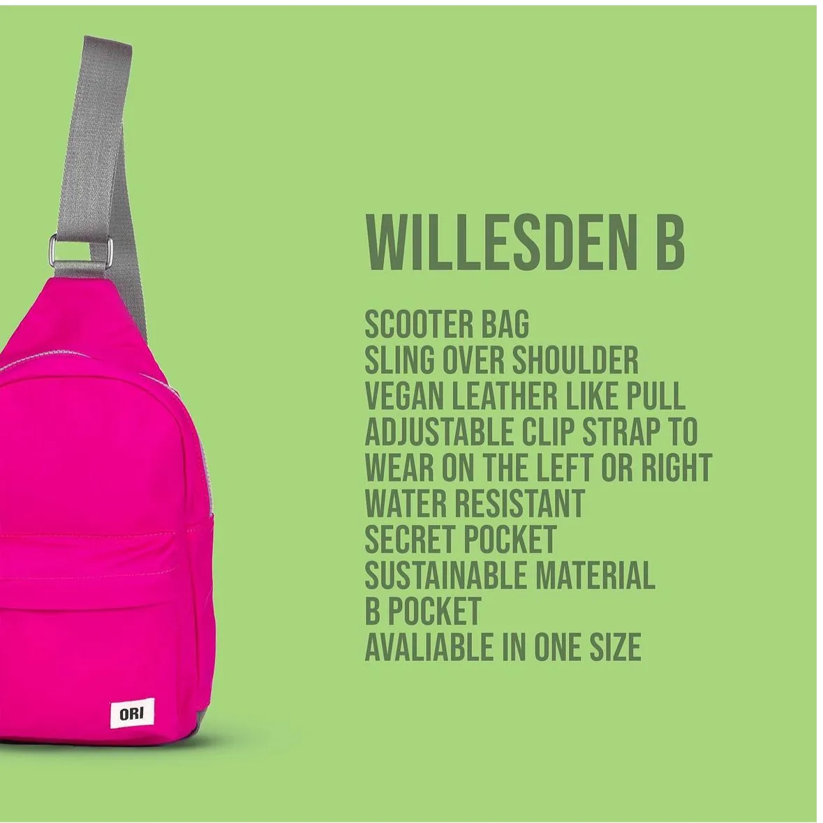 Ori water resistant Willesden B adjustable Sling backpack or cross front belt Bag - 5 Colors!