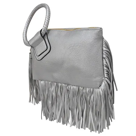 Silver NGIL Faux Leather Fringe Wristlet