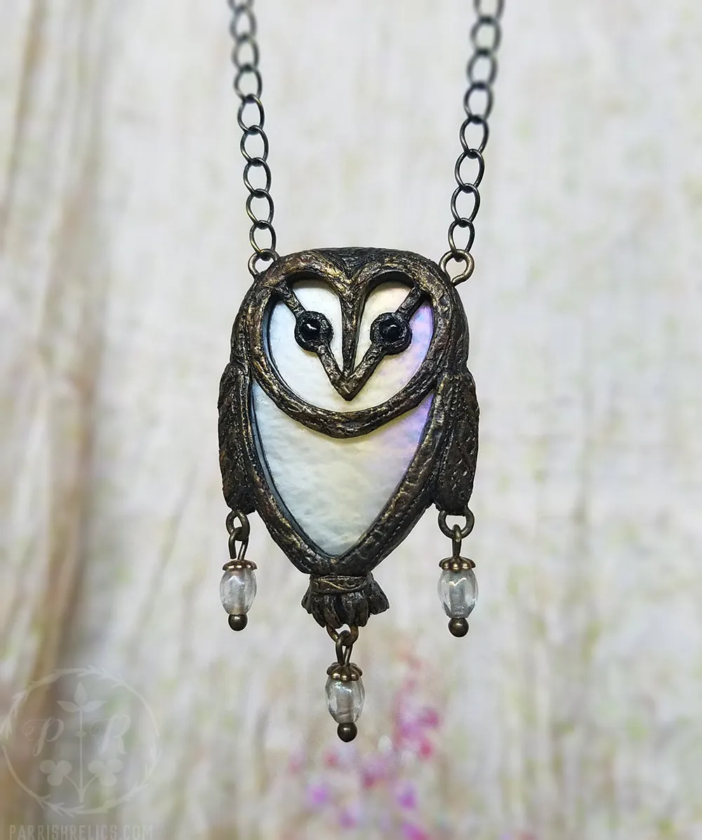 Opalescent Stained Glass Barn Owl Amulet - Stunning Handcrafted Jewelry Piece