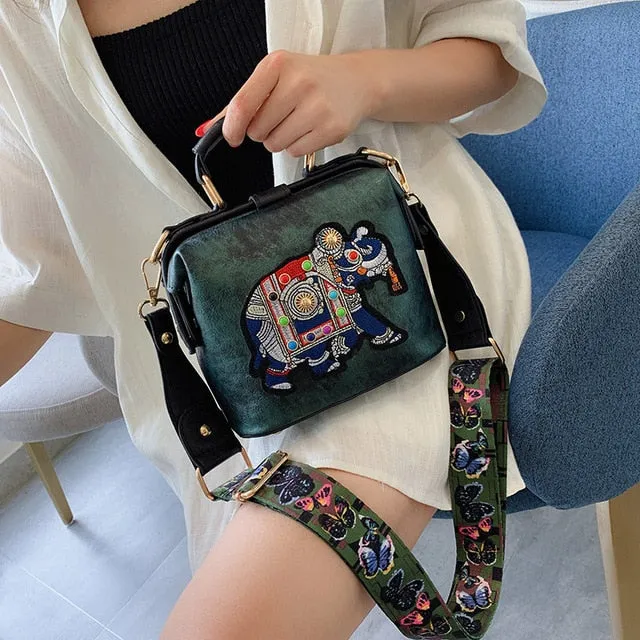 Vintage Embroidery Elephant Bag Bags Wide Butterfly Strap PU Leather Women Shoulder Crossbody Bag Tote Women's Handbags Purses