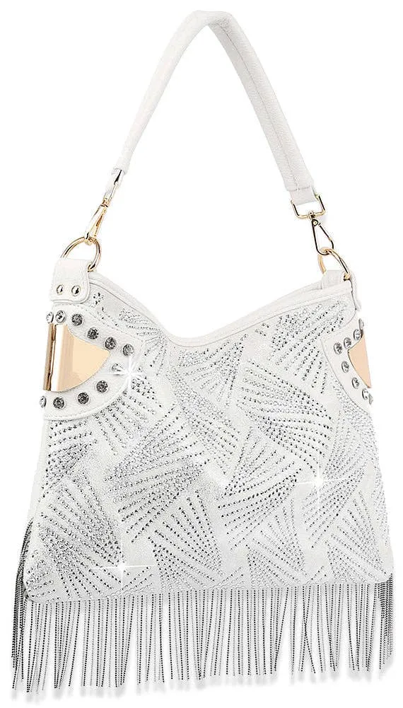 White Rhinestone Fringe Handbag